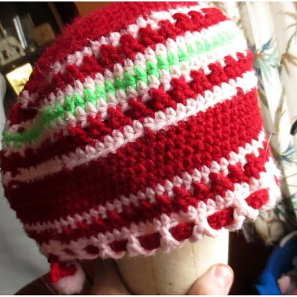 Vintage Handmade Crochet Hat Red White Green Striped Pattern With Pom-Pom Trim - Picture 3 of 10